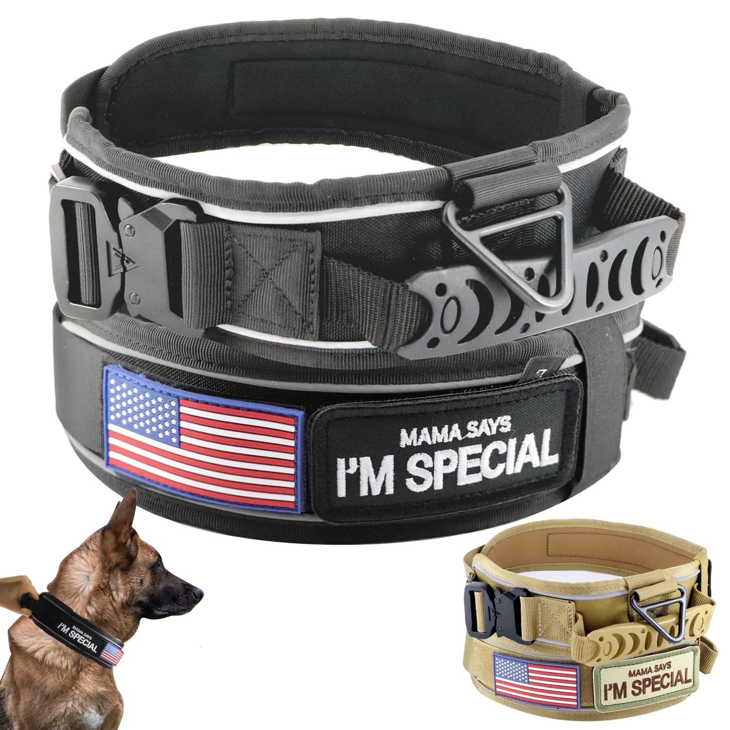 Comfluxe Tactical Dog Collar Reflective Nylon Neoprene Padded Dog Collar with Handle 2" Wide Heavy Duty Nylon Military Dog Collar with Quick Release Metal Buckle for Large Dogs(Black17.3"-25.6")