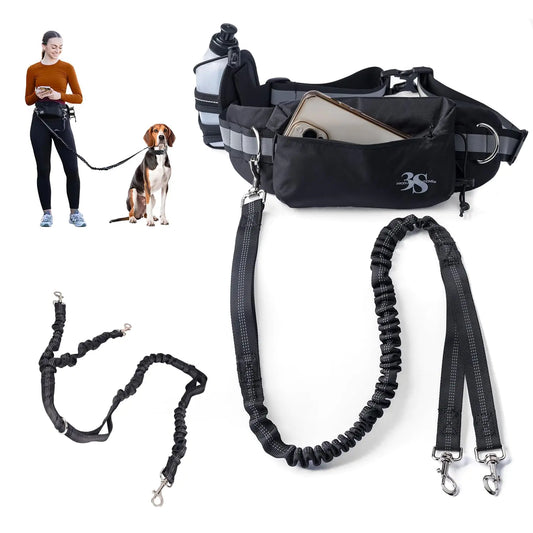 3S PRODUCT SOLUTIONS Hands Free Double Dog Leash for Two Dogs Small and Large w/Water Bottle Padded Handles No Tangle Walking Leash Heavy Duty No Pull Shock Absorbing Bungee Reflective Stitches