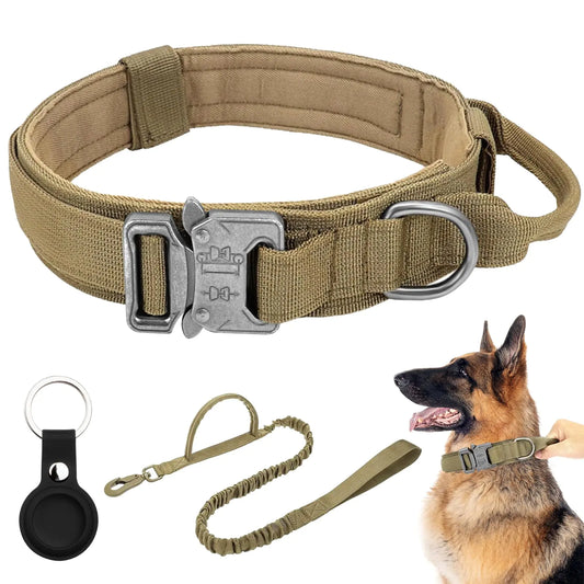 Tactical Dog Collar Adjustable Military Dog Collar Nylon Dog Collar with Control Handle Heavy Metal Buckle for Medium and Large Dogs with Airtags Case(M Brown-Set)